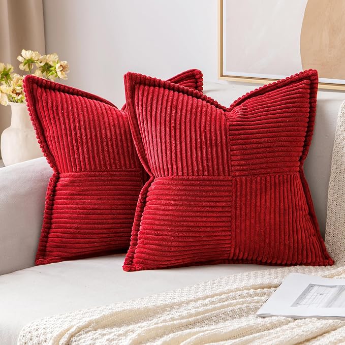 MIULEE Decorative Throw Pillow Covers for Couch 18x18 Inch Red 2 Pack | Boho Broadside Striped Patchwork Pillow Covers, Soft Corduroy Cushion Cases, For Sofa Bed Livingroom Home Decor