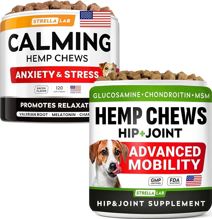 STRELLALAB Hemp Chews for Dogs - Bundle of Hip and Joint + Calming Supplement - Joint Pain & Anxiety Relief Treats - Advanced Mobility Support - Made in USA (Pack of 2, 240Ct)