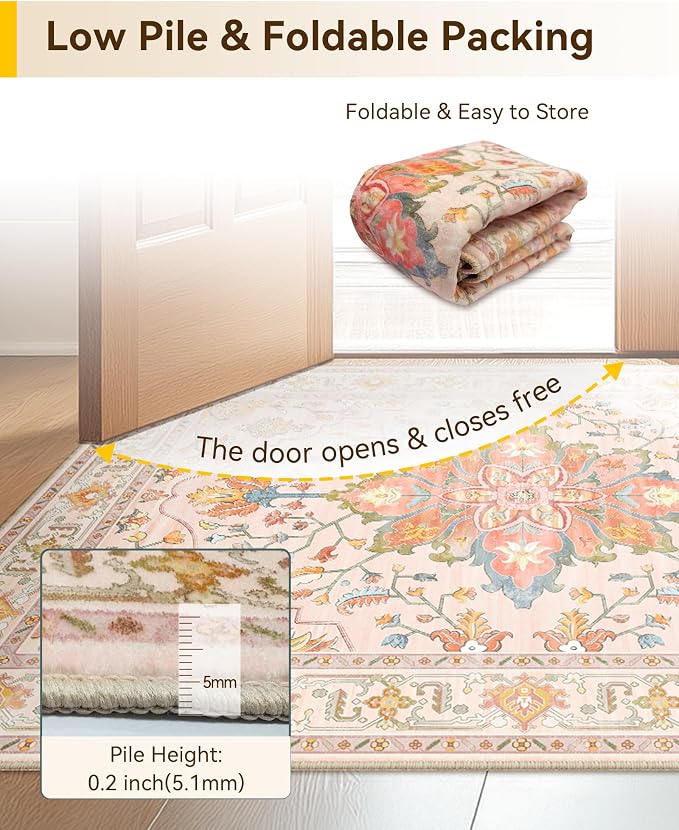RELEANY Area Rugs Small 2'x3' Washable Non-Slip, Floral Vintage Distress Medallion Carpet for Kitchen Entryway Bathroom, Light Pink Colorful