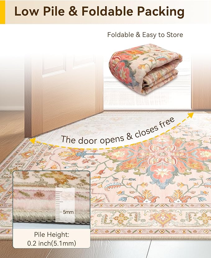 RELEANY Area Rugs 5'x7' Washable Non-Slip, Floral Vintage Distress Medallion Carpet for Living Room Bedroom Dining Room, Light Pink Colorful