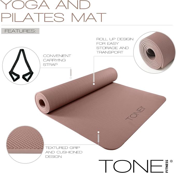 TONE Fitness Yoga Mat 1/4" Thick Non Slip Exercise & Pilates Mat for Home Workouts with Carrying Strap | Multiple Options