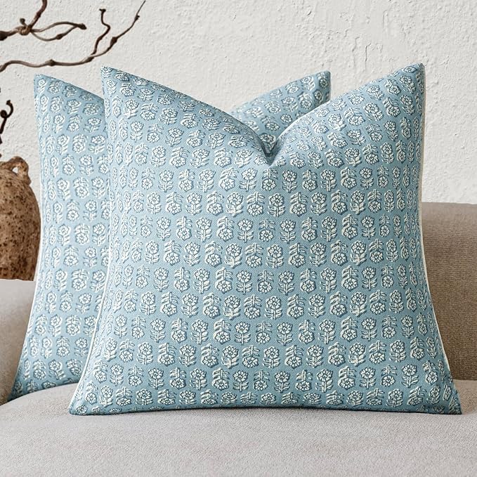 Foindtower Set of 2 Decorative Vintage Floral Print Throw Pillow Covers Neutral Accent Farmhouse Cushion Covers Boho Home Decor for Sofa Couch Chair Bedroom Living Room Outdoor,22×22 Inch,Sky Blue