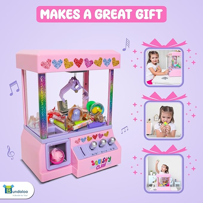 Bundaloo Squishy Claw Machine Arcade Game Candy Grabber Prize Dispenser with 3 Squishy Toys and Reusable Capsules