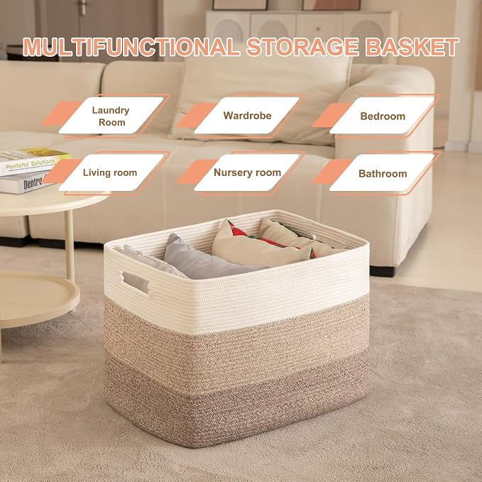 OIAHOMY 108L Super Large Blanket Basket, 25”x16”x16”(108L) Rectangle Woven Baskets for Storage, Cotton Rope Basket For Living Room, Toy Storage with Handle- Gradient Brown