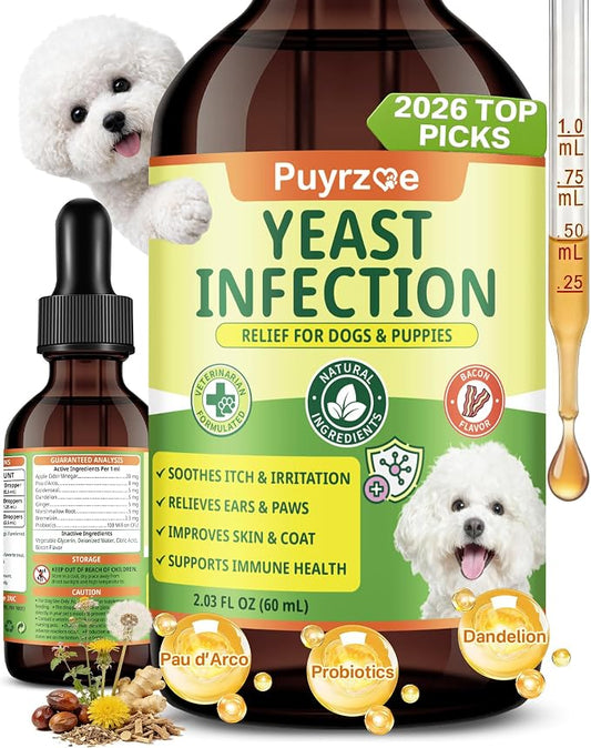 puyrzoe Natural Yeast Infection Treatment for Dogs, Itchy Ears, Skin, Paws & Allergy Relief, Yeast Treatment for Dogs, Supports Gut & Immune Health, Reduces Itching, Irritation & Inflammation, 60ml
