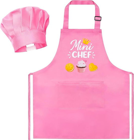 R HORSE Kid Apron and Chef Hat Set 2Pcs Adjustable Children Light Pink Kitchen Toddler Apron for Girls, Role Play Chef Toy Cooking Baking Painting and Training Kits Kid Funny Cooking Birthday Gift