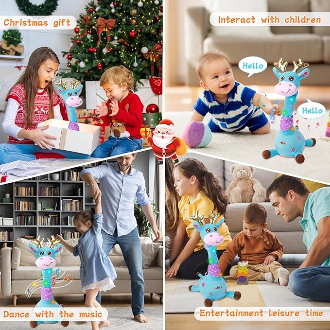 LUKETURE Dancing Talking Singing Blue Giraffe Stuffed Plush with Golden Antlers,Interactive Stuffed Animal Toy, Musical Plush with Record & Repeat, Sings 10 Songs, LED Lights
