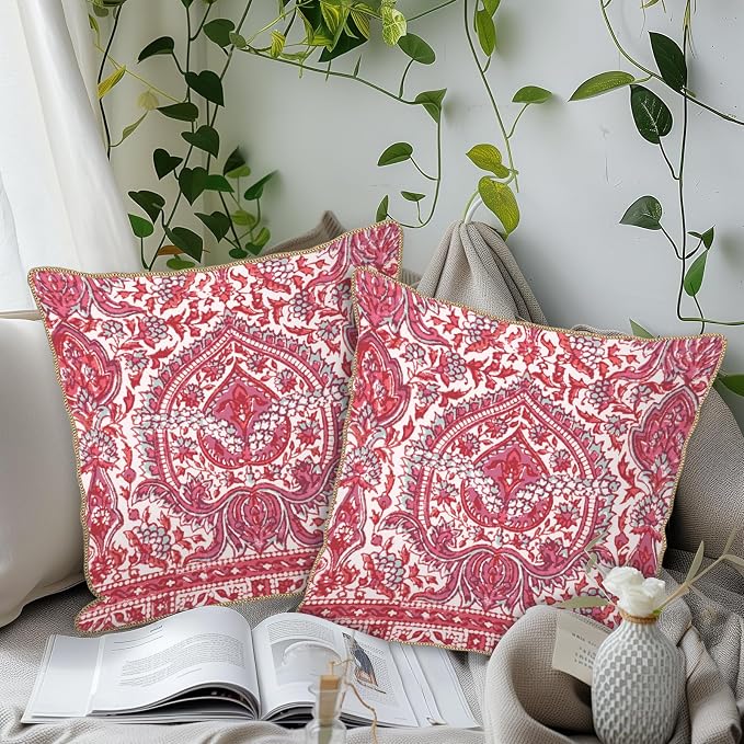KSLIDS Pink Teal Flower Soft Velvet Throw Pillow Covers Set of 2 Boho Ethnic Red Foral Decorative Pillow Covers 16x16 Inch Bohemian Farmhouse Pillow Case for Sofa Couch Living Room Home Decor