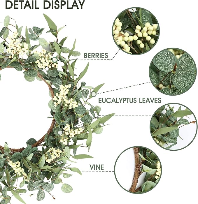 Pinkpum 22'' Eucalyptus Wreath for Front Door, Porch, Window - Green Decor for Home, Farmhouse - Spring, Summer, Fall, All Seasons