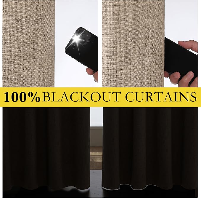 NICETOWN Burlap Vintage Open Linen Weave Flax Thermal Curtains, 100% Blackout Curtains 95" Long for Dining Room, Soundproof Window Treatment Drapes for Bedroom, 52" Wide Per Panel, Set of 2