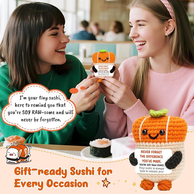 Mini Thank You Gift for Woman Coworkers Friends Teacher Appreciation Gifts-Emotional Handmade Positive Crochet Sushi for Retirement,Goodbye, Farewell, Christmas Stocking Stuffe, White Elephant Ideas
