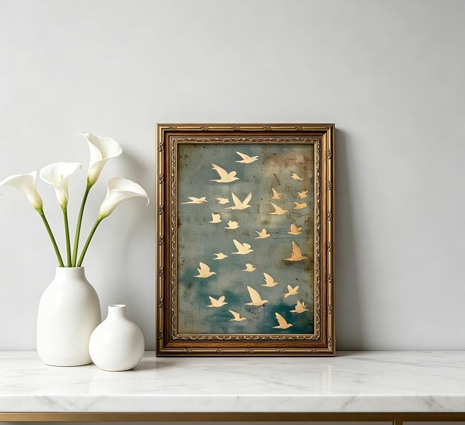 Vintage Gold Framed Wall Art, Golded Inspired Abstract Birds Canvas Prints, Flock of Flying Birds Picture Wall Decor, Rustic Farmhouse Minimalist Animals Poster Artwork for Living Room Bedroom