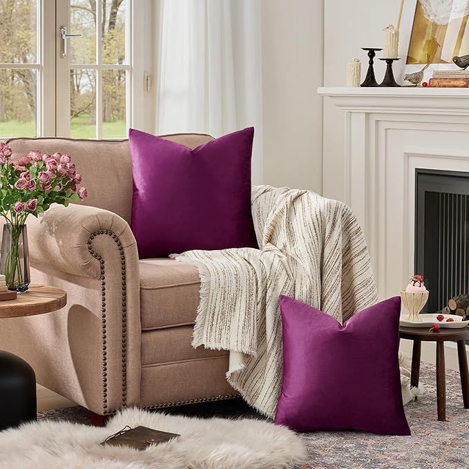 GIGIZAZA Velvet Pillow Covers 26x26 Decorative Pillows Pack of 2 Purple | Throw Pillows for Couch,Euro Sham,280gsm Soft Textured Fabric,Luxury Modern Pillowcases,Home Decor Cushion Covers