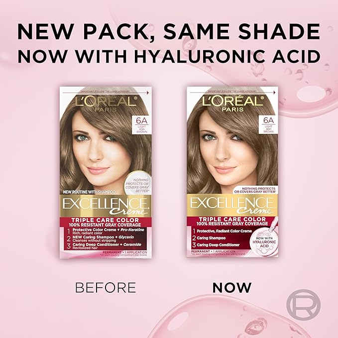 L'Oreal Paris Excellence Crème Permanent Hair Dye, Triple Care Hair Color with Hyaluronic Acid for 100% Gray Coverage, 6A Light Ash Brown, 1 Kit (Pack of 2) (Packaging May Vary)