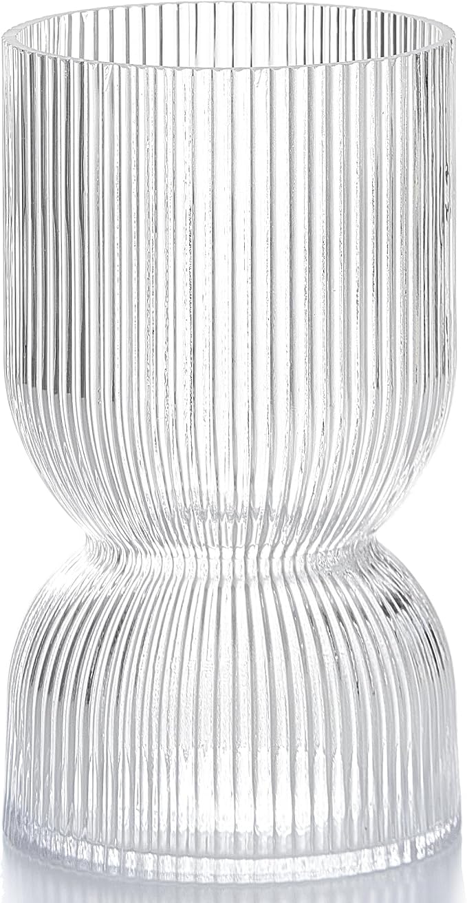 7.5 inch Vase for Flowers, Clear Ribbed Thickened Glass Vases, Hourglass Bud Flower Vase for Bookshelf, Dinner Table, Indoor Office Desktop, Meeting Room, Bathroom, Home Decor, Christmas Decoration