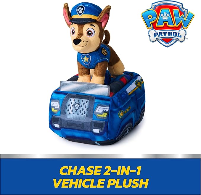 Paw Patrol Chase 2-in-1 Vehicle Plush, 6-Inch Stuffed Animal with 8-Inch Plush Toy Police Cruiser, Kids Toys for Boys and Girls Ages 3 and Up