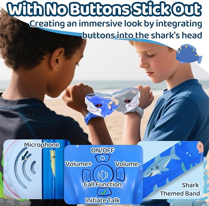 Vvinca Walkie Talkies for Kids 2 Pack - Toys for Boys Age 3-5 5-7 8-12 Christmas Birthday Gifts for Toddlers Adjustable Strap Long Range Clear Sound Camping Outdoor Game Shark Walkie-Talkie