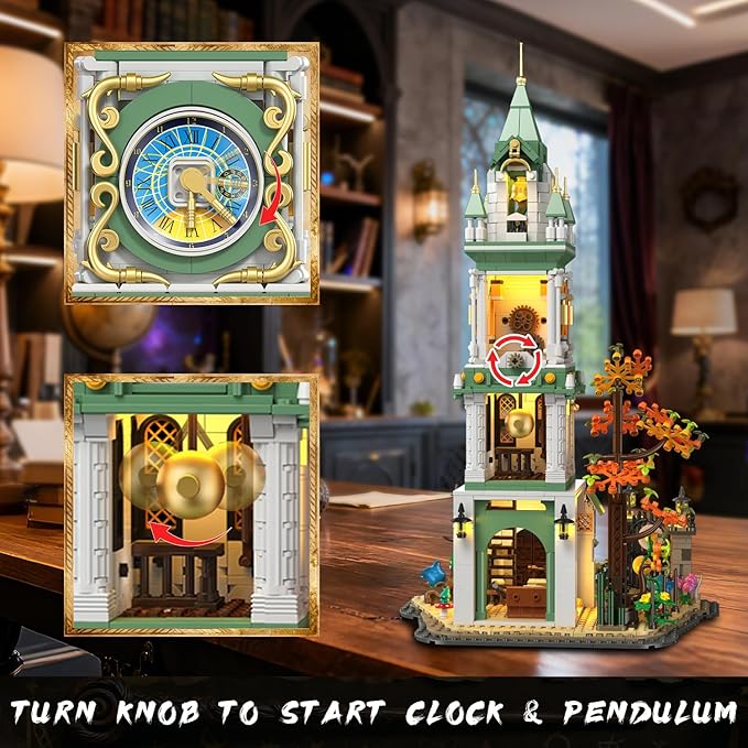 INSOON Magic Clock Tower Building Set with Light, 1566 PCS Big Medieval Castle House Construction Model with Owl & Garden, Home Decor Building Block Kit, Easter Gift for Adults Teens Boys Girls 12+
