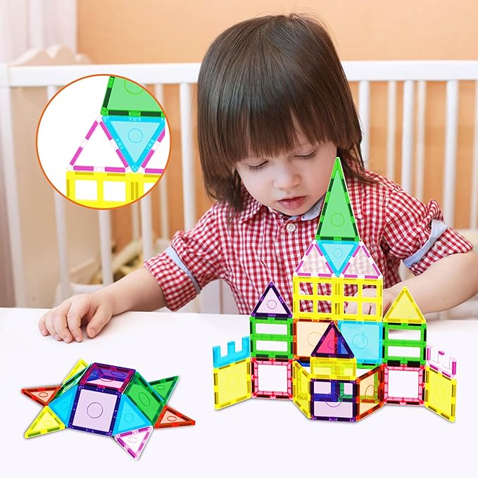 61pc Magnet Tile Building Blocks with Car Base Drawstring Carry Bag Magnetic Construction Toy Structure Build Magnets Toyset Preschool Montessori Toys for Sensory STEAM Education Age 3+ EP61