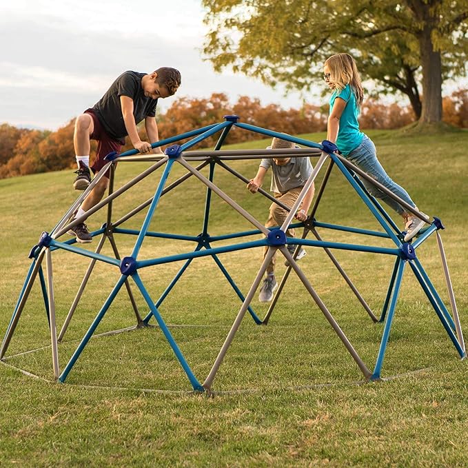 Lifetime 90939 Geometric Dome Climber Jungle Gym, 4.5' High x 9' Wide, Blue & Brown & XDP Recreation 70113 Swing Set, Trampoline, & Patio Furniture Metal Ground Anchor Kit Hardware,Bronze