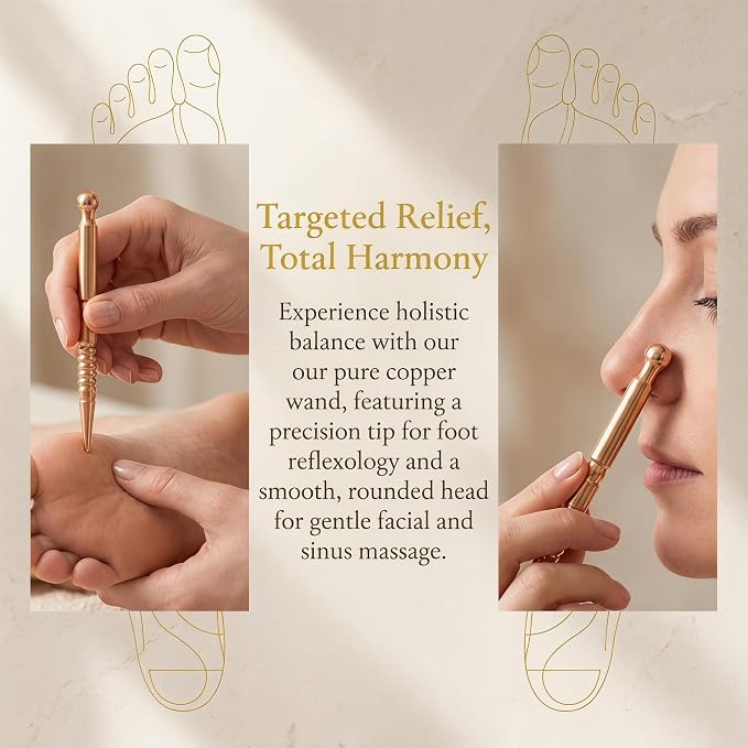 Pure Copper Acupressure Massage Wand, Dual-Tip Manual Reflexology Tool for Face, Nose, Foot and Body Deep Tissue Trigger Point Therapy, Stress and Tension Relief