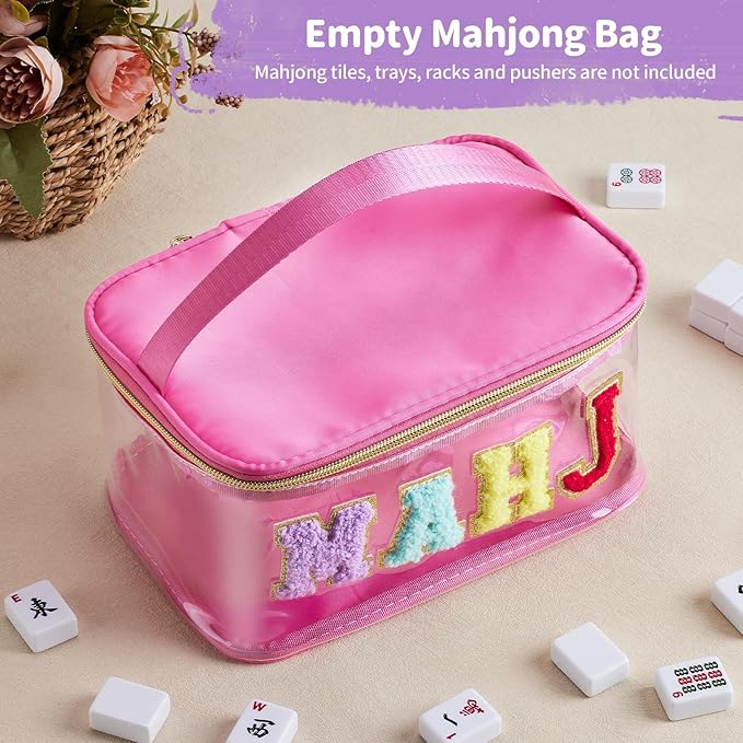Handheld Mahjong Tile Bag, PVC Clear Mahjong Bag for 166 American Mahjong Tiles, Waterproof Mah Jong Case with Zipper & Lettters for Game Lover Gift Travel, Case Only(Hot Pink)