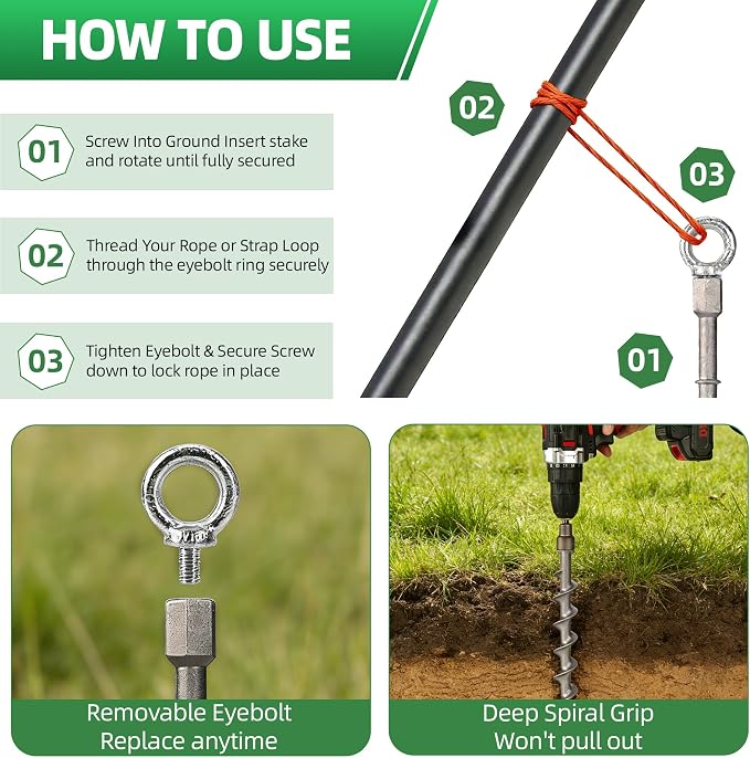12 Pcs Screw in Tent Stakes Heavy Duty, 12" & 14" (6+6) Mixed Rustproof Aluminum Ground Anchors for Camping, Trampoline, with 8mm Drill Adapter & Hooks, Durable Metal Stakes for Sand