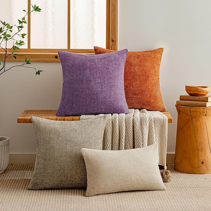 a moment Purple Chenille Throw Pillow Covers 18x18 Inch Pack of 2 Modern Decorative Throw Pillow Covers Farmhouse Cross Covers Home Decor for Sofa Bedroom Living Room