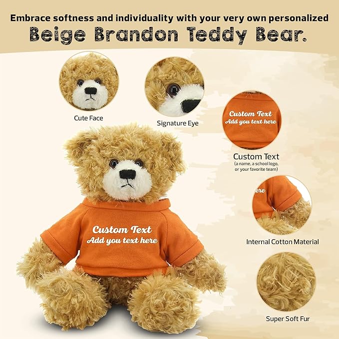 Customized Beige Brandon Bear - 12 inch Personalized Stuffed Bear Plush Toy - Perfect Custom Shirt Bear Gift for Graduation Valentines Graduation Easter Holidays (Orange Shirt)