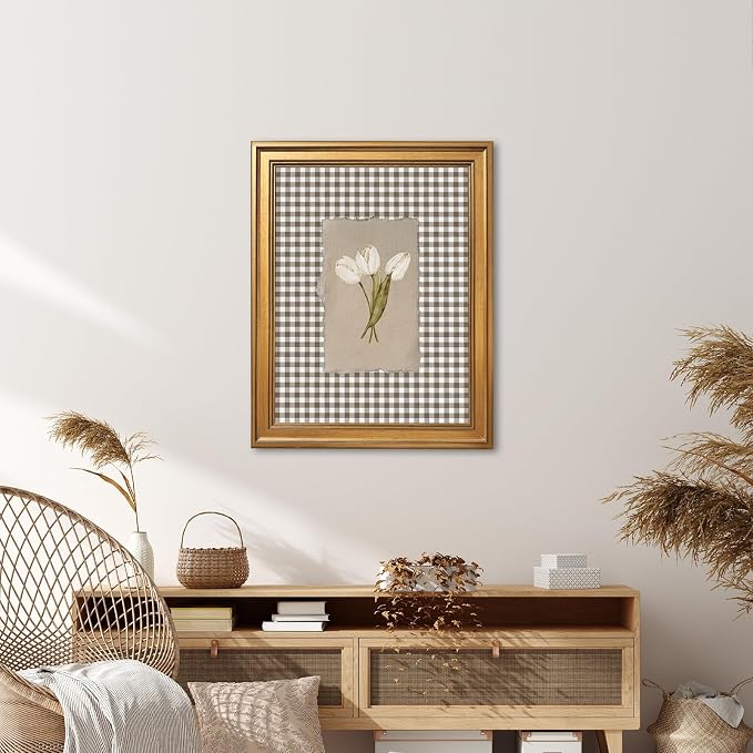 Gold Framed White Tulips Vintage Floral Wall Art Painting Brown Gingham Botanical Print Rustic Farmhouse Flower Picture Poster Neutral Cottagecore Canvas Artwork Aesthetic Country Home Decor 12x16inch