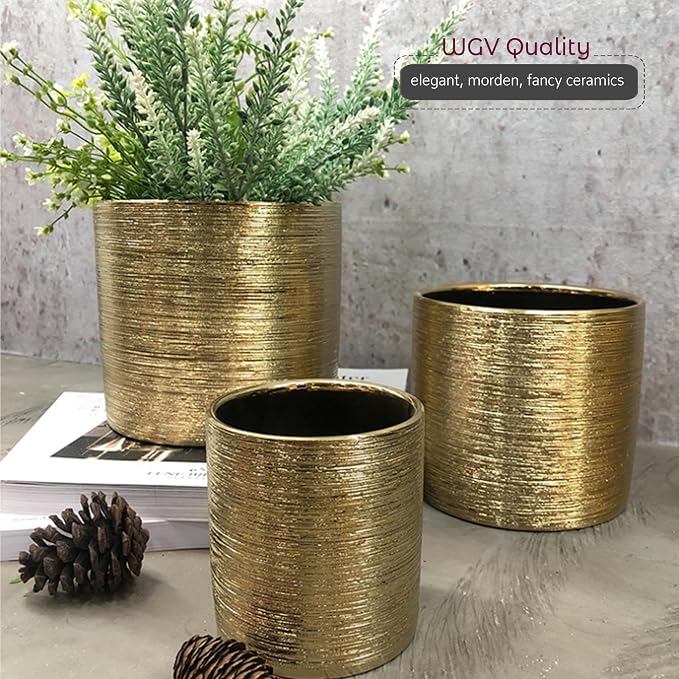 WGVI Gold Etched Ceramic Cylinder Vase Width 6.5" Height 6", Flower Arrangements, Candle Holder, Terrarium Planter Pot, Storage Container Organizer, Pen Brush Holder, Scratched Texture Design, 1 Pc