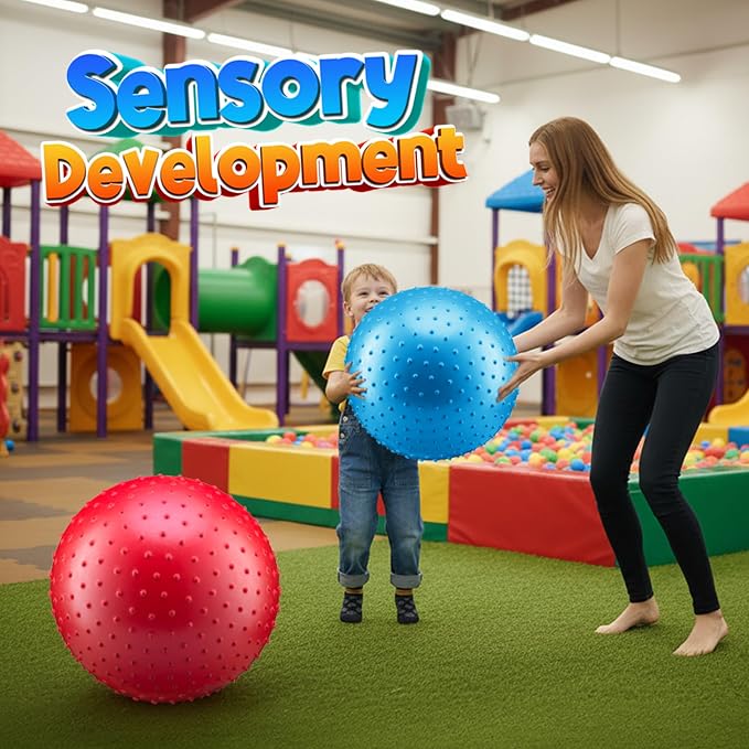 PlayBolt Jumbo 18-Inch Knobby Sensory Balls w/Pump (Pack of 2) - Large Size Inflatable Bumpy Grip Bouncy Balls for Toddlers, Kids, Therapy, Daycare, School Recess, Indoor & Outdoor Play Toy