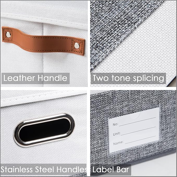 Storage Bins with Lids [3-Pack] Linen Fabric Foldable Storage Boxes Organizer Containers Baskets Cube with Cover for Bedroom Closet Office Grey&White (23.4X15.9X11.4)
