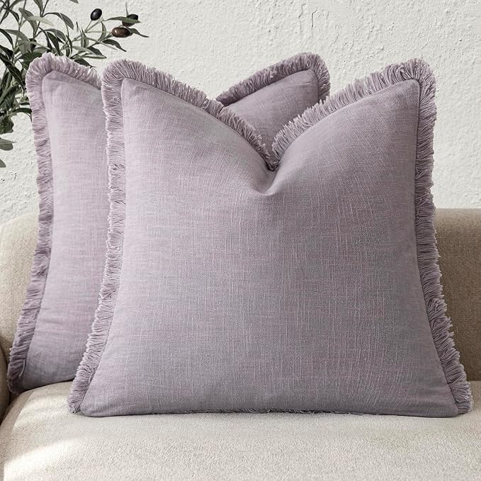 Foindtower Set of 2 Decorative Linen Fringe Throw Pillow Covers Cozy Boho Farmhouse Cushion Cover with Tassels Soft Accent Pillowcase for Couch Sofa Bed Living Room Home Decor,18×18 Inch,Light Purple