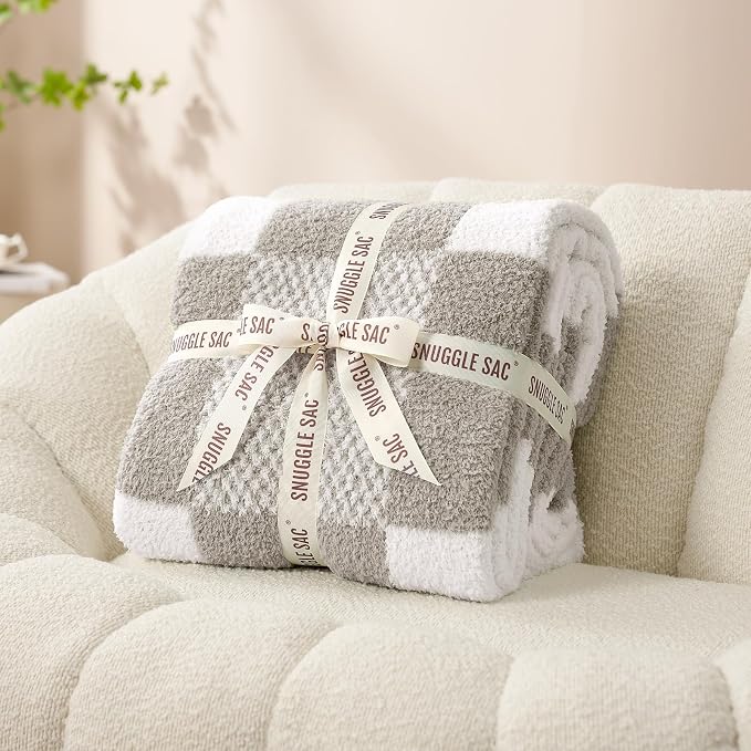Snuggle Sac Checkered Blanket, Grey Throw Blanket for Couch Checker Microfiber Fluffy Warm Fuzzy Cozy Soft Throw Blanket Reversible Checkered Blankets for Sofa, Chair, Bed, 60x80 inches