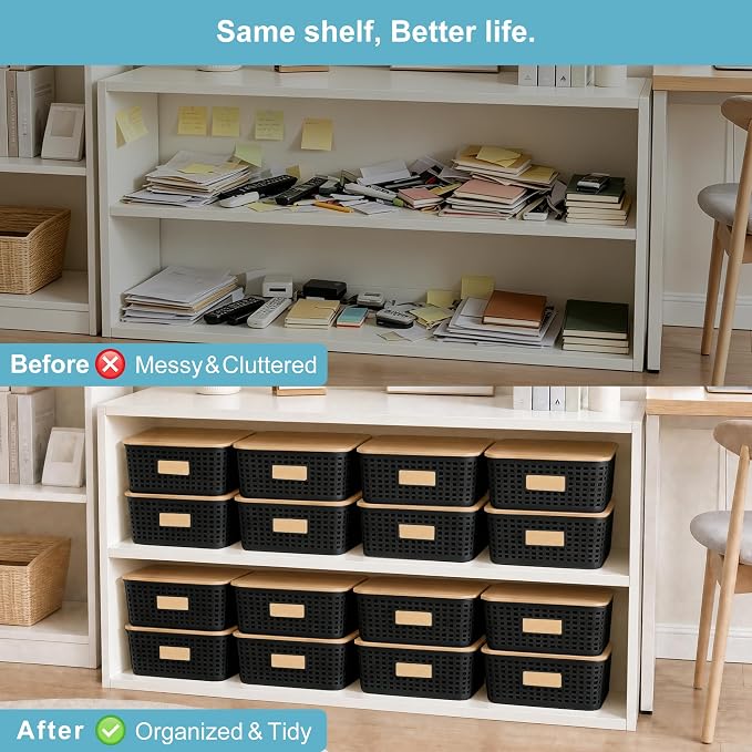 4 Pack Plastic Storage Bins with Bamboo Lids, 6.2qt Stackable Storage Organizer Box with Lable for Pantry Shelves Drawers Desktop Office, 12"L x 8.3"W x 3.5"H, Black