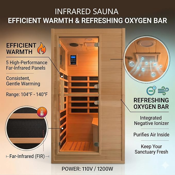 1 Person Low EMF Far Infrared Sauna, Natural Spruce Wood Compact Home Sauna, 1200W 110V, Bluetooth & Reading Light, 6mm Tempered Glass, Small Space Personal Sauna