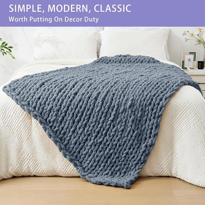 Bigacogo Chunky Knit Throw Blanket for Couch, 40x60 inches, Cold Sea Blue | Hand Knit with Jumbo Chenille, Soft Breathable Cable Knit for Sofa Bed Living Room, Machine Washable, Gift for Mom Friend