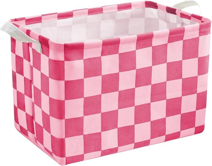 Hot Pink Coral Checkered Canvas Basket, Rectangular Organizing Decorative Storage Basket for Kids Dog Toy, Cute Aesthetic Race Cars Boy Room Decor for Home, Kitchen, Bedroom, Classroom, Shelves