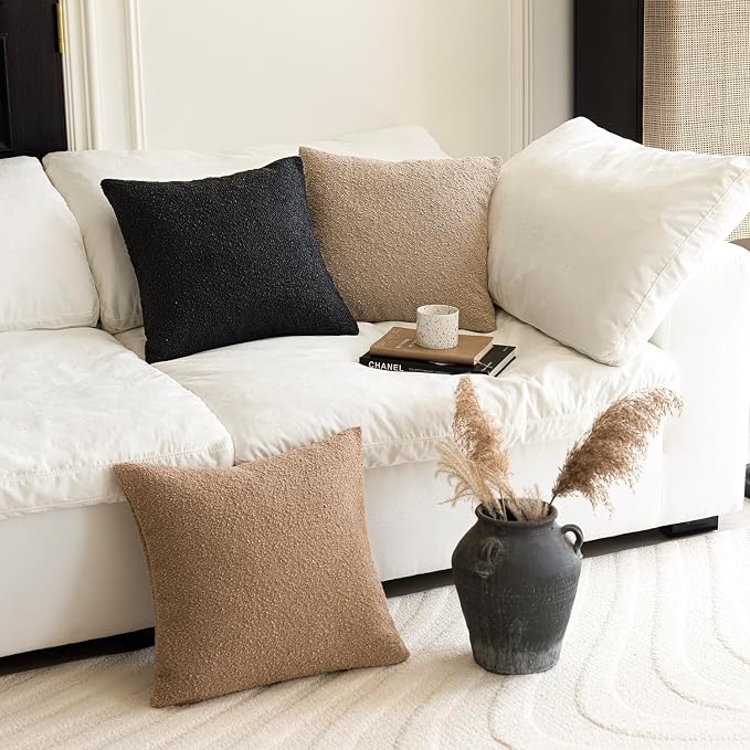 Foindtower Set of 2, Decorative Textured Boucle Throw Pillow Covers Accent Solid Pillow Cases Soft Cozy Couch Cushion Case for Chair Sofa Bedroom Living Room Home Decor 22 x 22 Inch Black