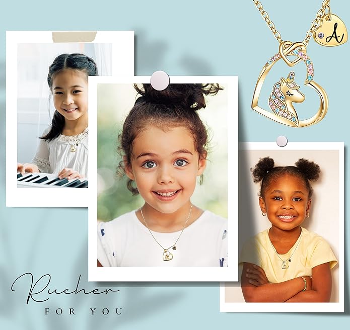 Valentines Day Gifts for Kids Girls - Unicorn Necklace for Girls with Initial Heart Pendant & Gift Box, 18K Gold Fashion Kids Jewelry, Colorful Heart Necklace for Birthdays & Costume Parties.