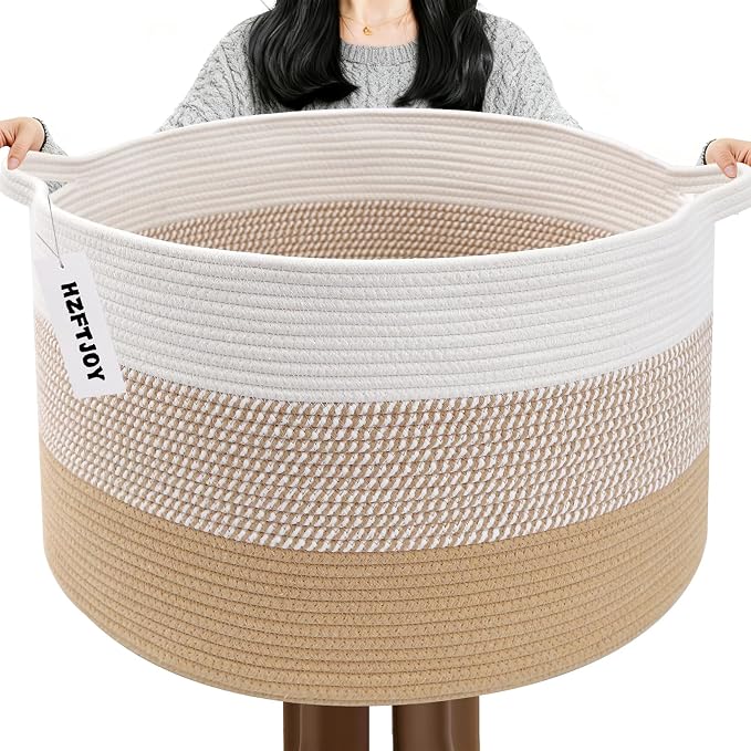 90L Large Blanket Basket,Rope Woven Laundry Basket-Yellow | Collapsible, reinforced handles, nursery storage bin organizes clothes, toys and pillows for living room, bedroom bathroom