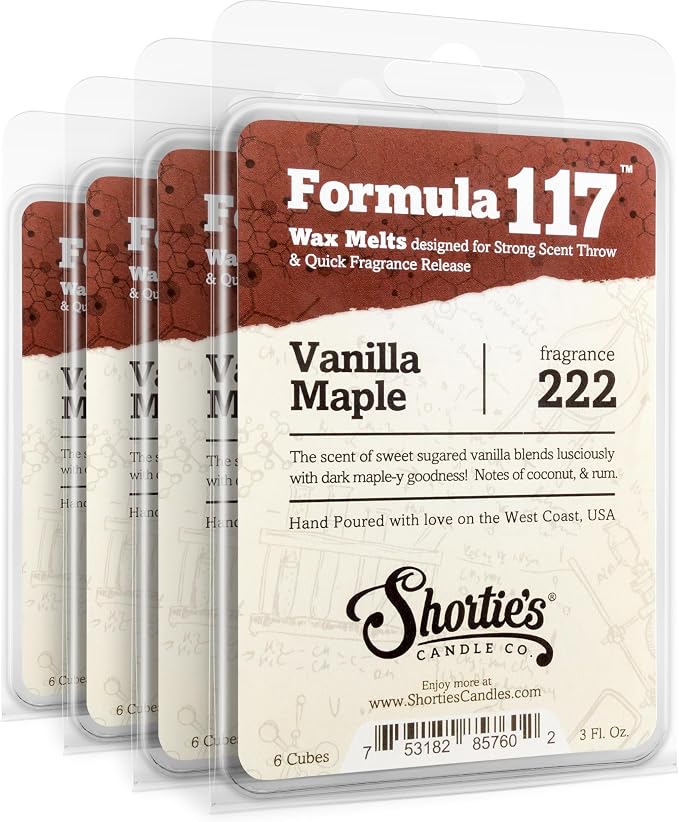 Shortie's Candle Company Vanilla Maple Premium Wax Melts 4 Pack - 12 Oz., Strong & Long Lasting, Non-Toxic - Made with Essential & Natural Oils - Formula 117