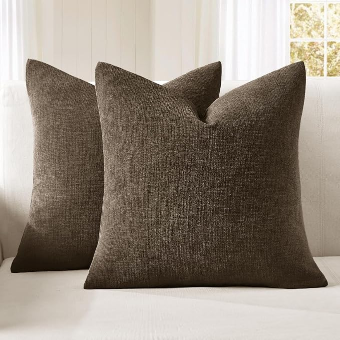 MIULEE Chocolate Brown Chenille Couch Throw Pillow Covers, 18x18 | Set of 2, Modern Farmhouse Rustic Style, Decorative Pillowcases for Sofa Living Room Bed, Home Decor
