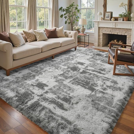 6x9 Ft Large Shag Rugs for Living Room Decor, Tie-Dyed Ultra Soft Fluffy Furry Area Rugs for Bedroom Indoor Floor, Aesthetic Carpet for Kids Home (Grey)