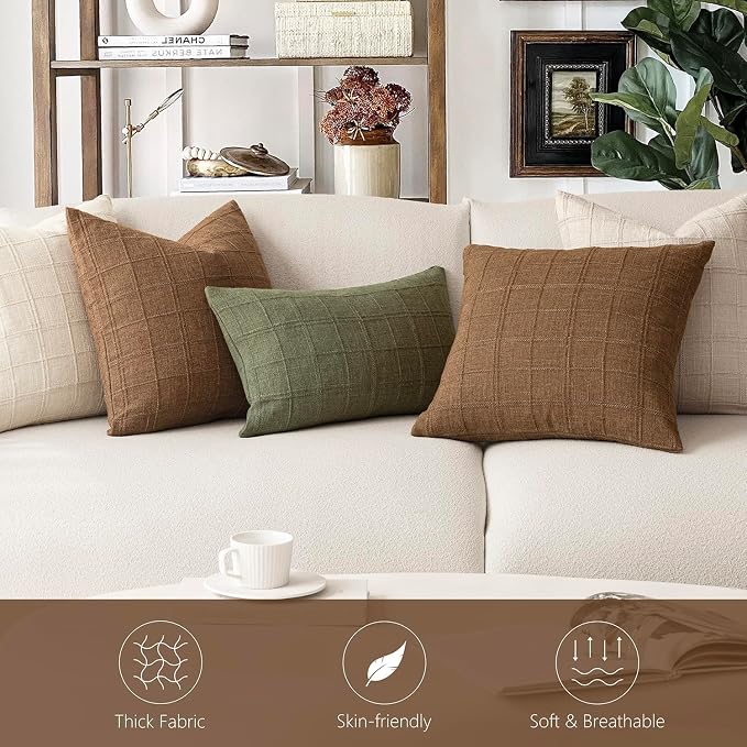 Foindtower Set of 2 Decorative Linen Check Throw Pillow Covers Neutral Farmhouse Vintage Cushion Covers Modern Boho Home Decor for Sofa Chair Couch Bedroom Living Room,16×16 Inch,Brown Hazel