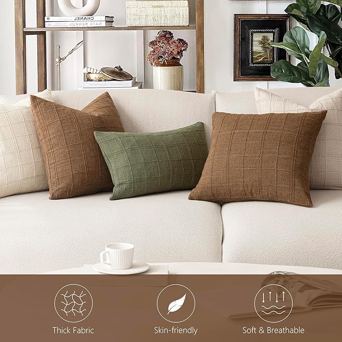 Foindtower Set of 2 Decorative Linen Check Throw Pillow Covers Neutral Farmhouse Vintage Cushion Covers Modern Boho Home Decor for Sofa Chair Couch Bedroom Living Room,24×24 Inch,Brown Hazel