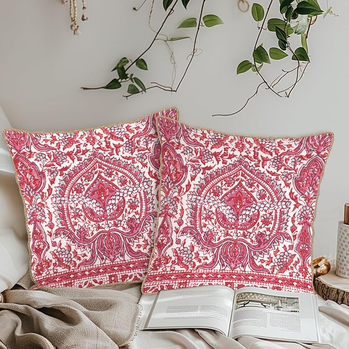 KSLIDS Pink Teal Flower Soft Velvet Throw Pillow Covers Set of 2 Boho Ethnic Red Foral Decorative Pillow Covers 16x16 Inch Bohemian Farmhouse Pillow Case for Sofa Couch Living Room Home Decor