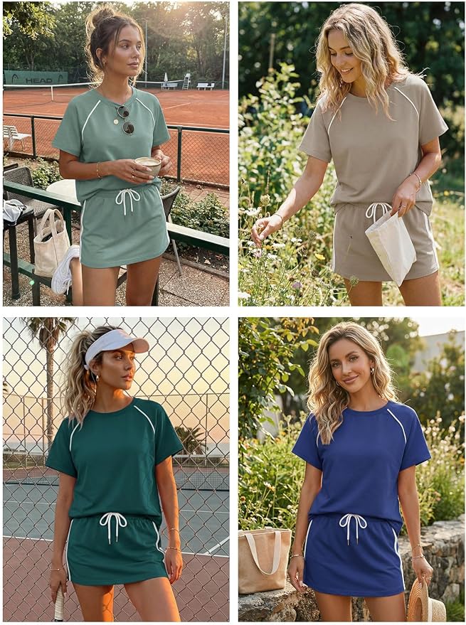 Womens 2 Piece Skirt Sets Summer Tennis Outfits Vacation Skort Set | Two Piece Sets, Short Set, Athletic Workout Golf Outfits, Crew Neck, Color Block, Drawstring, Workout Mathcing Lounge Sets