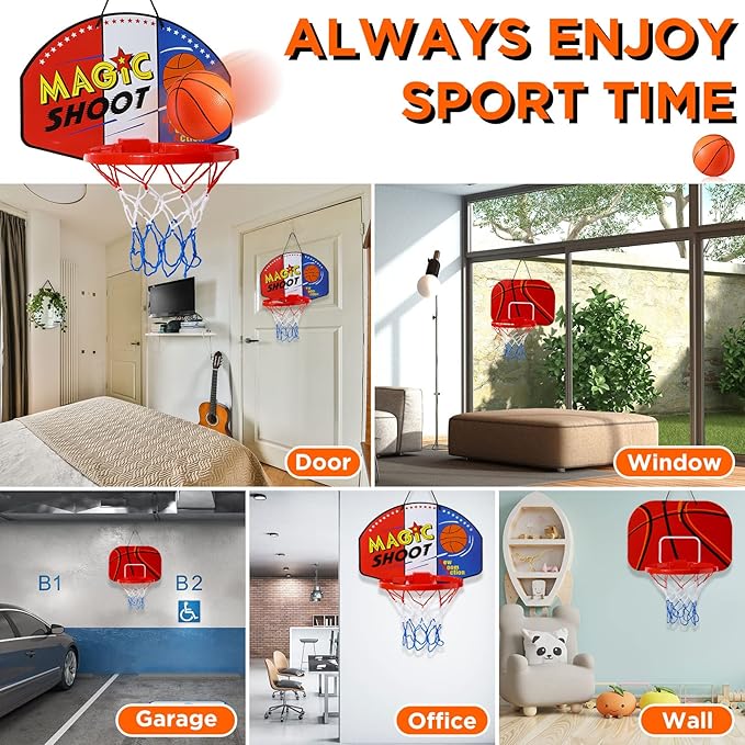 Sosation 2 Pcs Mini Basketball Hoop with 4 Basketball, Sticky Hook, Pump, Indoor No Drilling Basket Ball Hoop Decompress Game for Kid Adult Back to School Gift